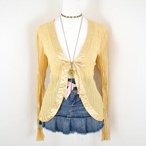 VTG 00s Y2K Kaelyn-Max Cream Yellow Sheer Plisse Pleats Long Sleeve Cardigan